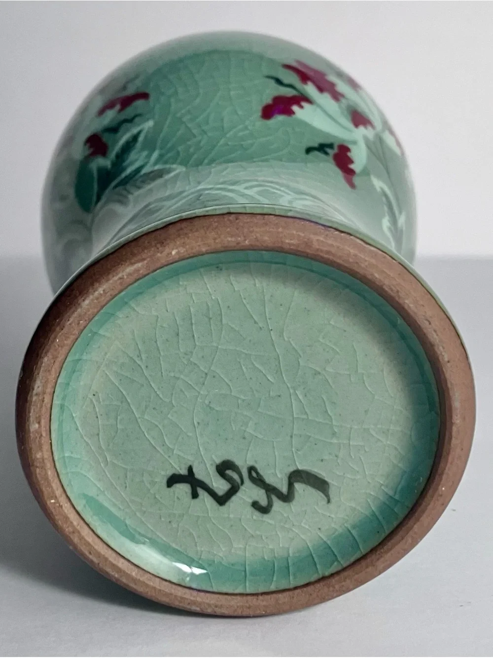 Vintage CELADON KOREAN Sanggam Inlaid MAEBYEONG VASE / Crackle Glaze / SIGNED